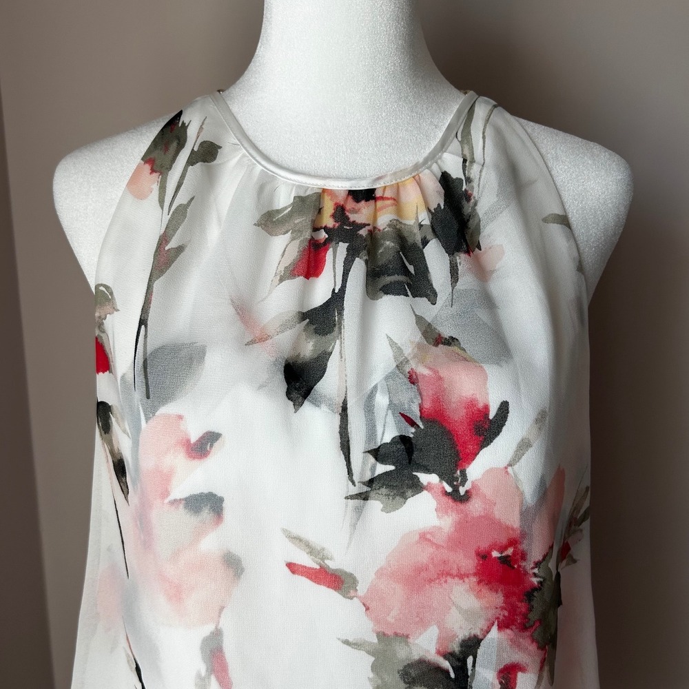 White House Black Market Floral Halter Top XS White Pink Watercolor Chiffon - Picture 2 of 9